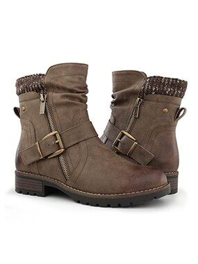 Women's Faux Leather Combat Boots Side Zipper Buckle Ankle Booties